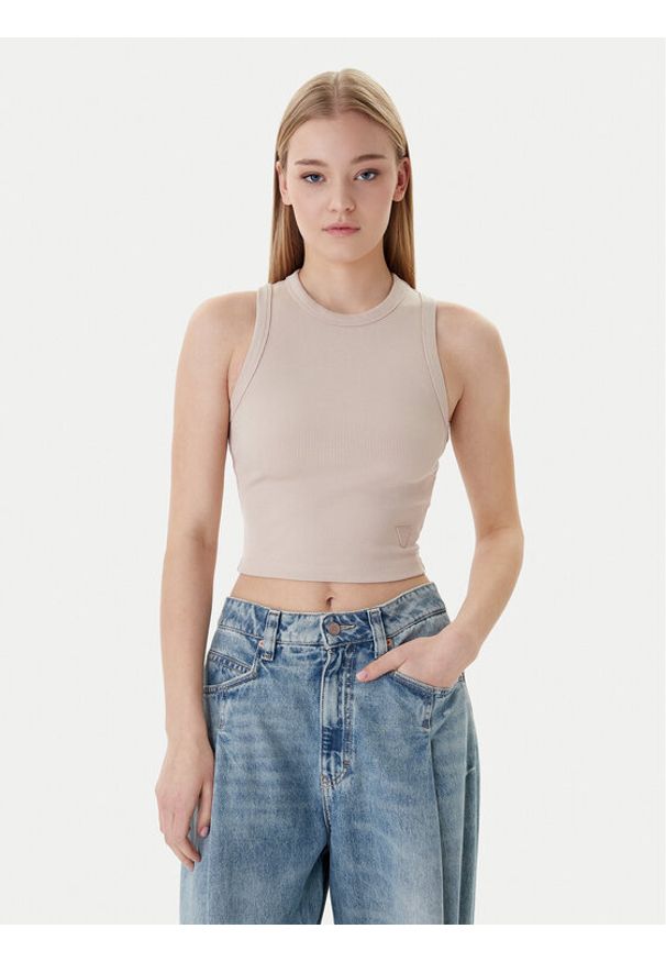 Guess Top V3GP19 K8RT2 Beżowy Slim Fit. Kolor: beżowy. Materiał: wiskoza