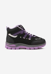Born2be - Czarno-Fioletowe Sznurowane Buty Trekkingowe Traperki Vices na Grubej Podeszwie Afertie. Wysokość cholewki: za kostkę. Kolor: czarny. Materiał: jeans. Szerokość cholewki: normalna. Styl: klasyczny, wakacyjny, sportowy #4