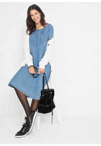 bonprix - Sukienka bawełniana dżinsowa w długości do kolan, krótki rękaw. Kolor: niebieski. Materiał: bawełna. Długość rękawa: krótki rękaw. Długość: midi #1