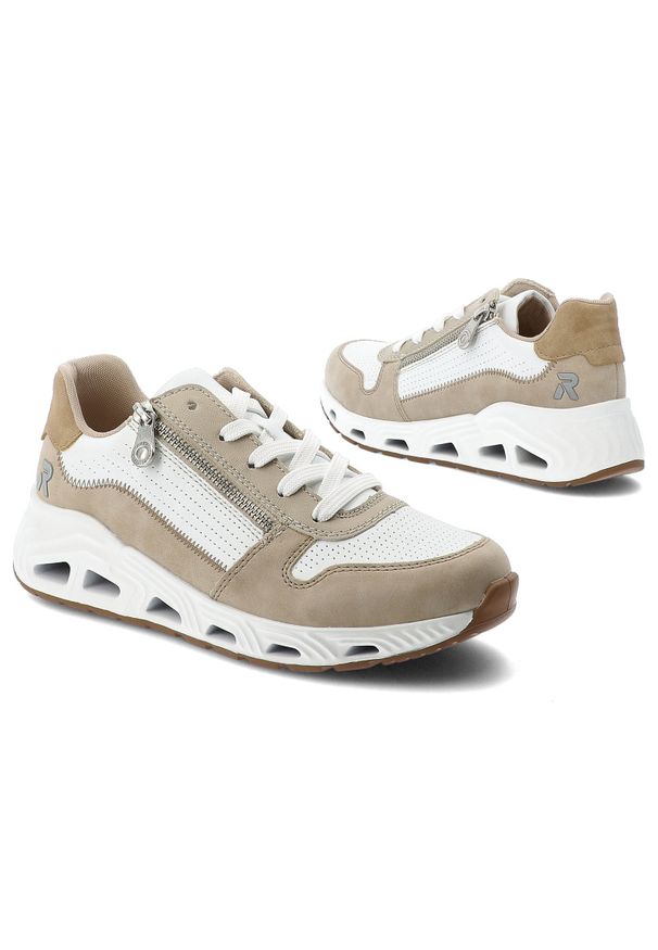 Sneakersy damskie Rieker, cholewka ze skóry ekologicznej i materiału tekstylnego o dynamicznej sportowej sylwetce z panelową konstrukcją sznurowanie. Okazja: na co dzień. Zapięcie: sznurówki. Kolor: biały. Materiał: materiał, skóra ekologiczna. Szerokość cholewki: normalna. Wzór: aplikacja