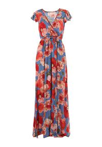 Born2be - Niebieska Sukienka Lalaera. Typ kołnierza: kołnierz z falbankami. Kolor: niebieski. Materiał: tkanina, materiał. Długość rękawa: krótki rękaw. Wzór: kolorowy, kwiaty. Sezon: lato. Typ sukienki: kopertowe. Długość: maxi #5