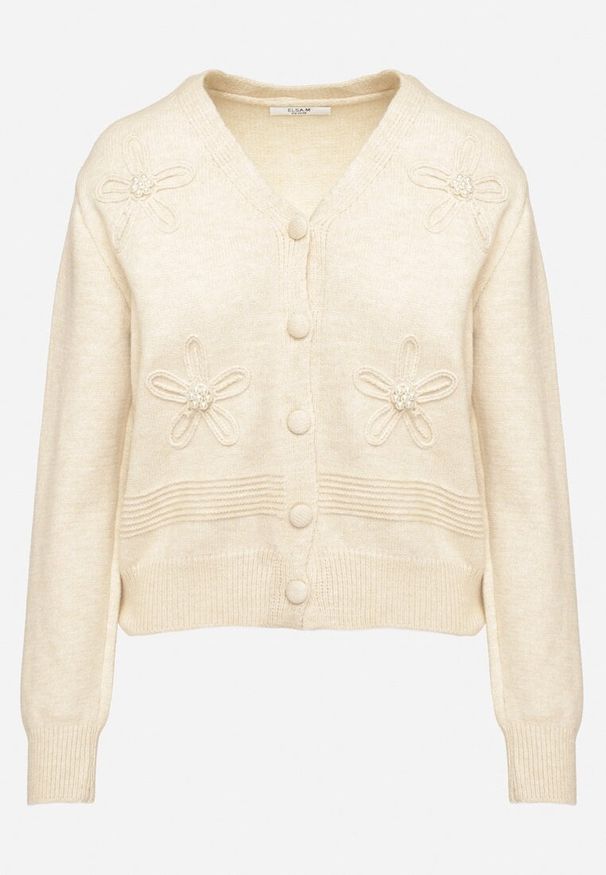 Born2be - Beżowy Wiskozowy Kardigan Zdobiony Aplikacjami w Kształcie Kwiatów z Perełkami Gemilena. Okazja: na co dzień. Typ kołnierza: dekolt w serek. Kolor: beżowy. Materiał: wiskoza. Długość rękawa: długi rękaw. Długość: długie. Wzór: aplikacja, kwiaty. Styl: wizytowy, klasyczny, casual, elegancki