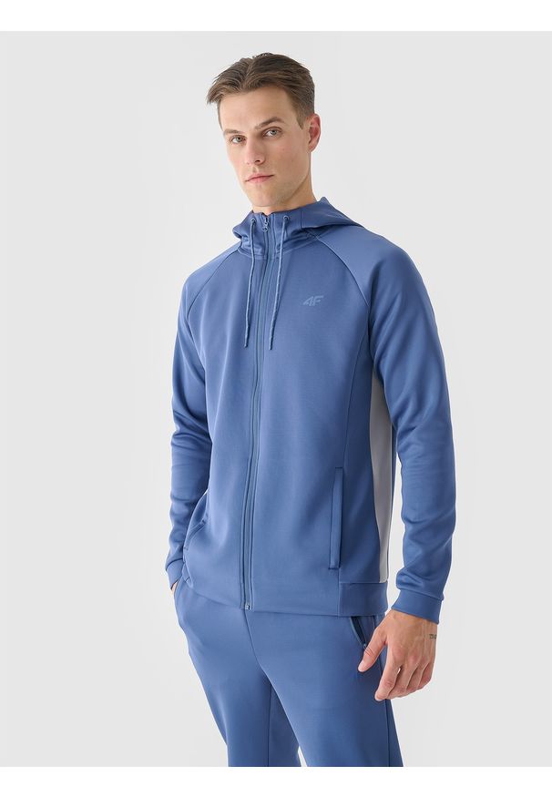 4f - 4F Bluza treningowa rozpinana z kapturem męska - niebieska L. Okazja: na co dzień. Typ kołnierza: kaptur. Kolor: niebieski. Materiał: włókno, elastan, dzianina, materiał, syntetyk. Długość rękawa: raglanowy rękaw. Wzór: gładki, jednolity, ze splotem. Styl: sportowy, casual. Sport: fitness