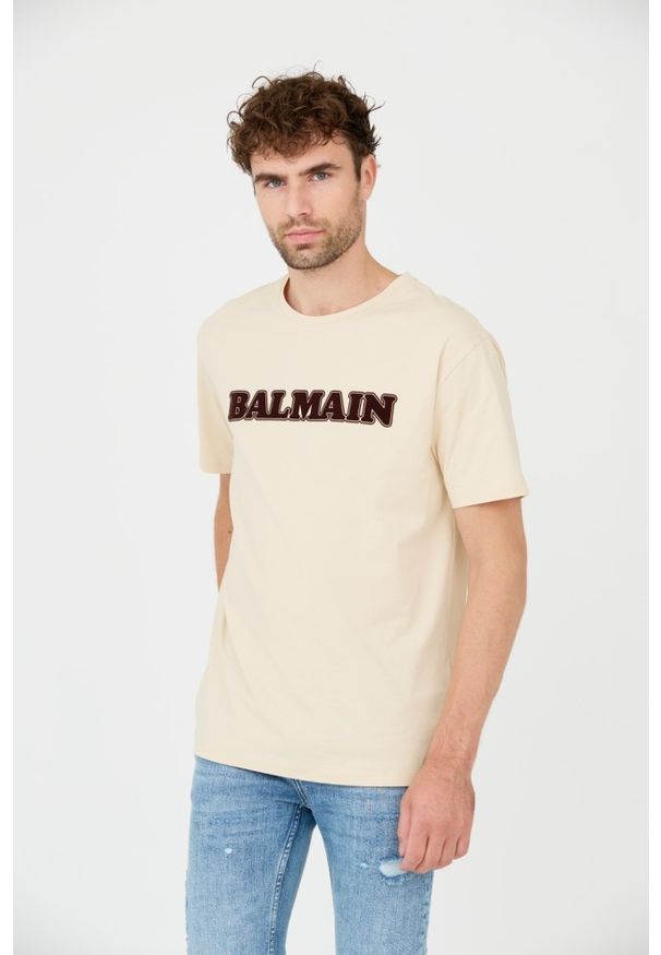 BALMAIN Beżowy t-shirt Retro Balmain Flock. Kolor: beżowy. Styl: retro