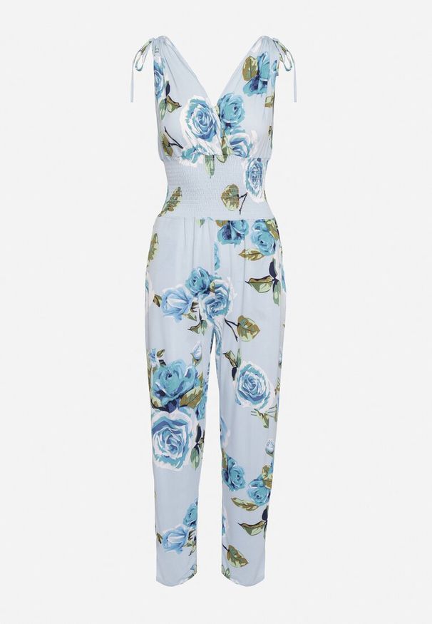 Born2be - Jasnoniebieski Taliowany Kombinezon w Kwiaty z Długimi Nogawkami Renivia. Okazja: na co dzień. Kolor: niebieski. Długość: długie. Wzór: kwiaty. Styl: casual, street