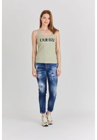 Guess - GUESS Jasnozielony top damski z logo z koralików, Rozmiar M. Kolor: zielony. Materiał: prążkowany, bawełna. Wzór: nadruk