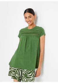bonprix - Shirt bawełniany z koronką. Kolor: zielony. Materiał: koronka, bawełna. Długość rękawa: krótki rękaw. Długość: krótkie. Wzór: koronka #1
