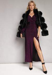 Born2be - Fioletowa Błyszcząca Asymetryczna Sukienka Maxi z Rozcięciem i Kopertowym Dekoltem Aknasa. Kolor: fioletowy. Materiał: materiał. Typ sukienki: asymetryczne, kopertowe. Długość: maxi #7