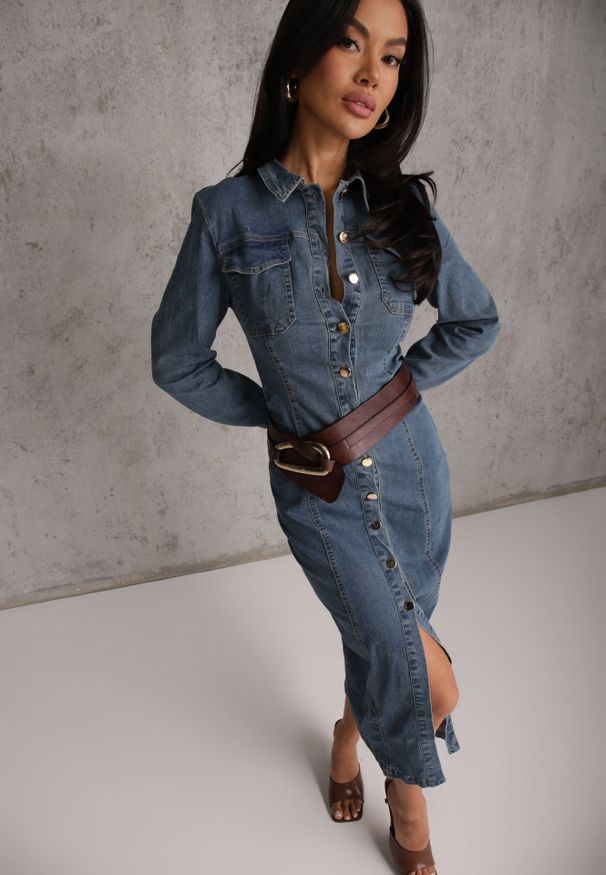 Renee - Niebieska Taliowana Sukienka Jeansowa o Koszulowym Fasonie Nezavia. Kolor: niebieski. Materiał: jeans. Typ sukienki: koszulowe. Styl: elegancki. Długość: midi