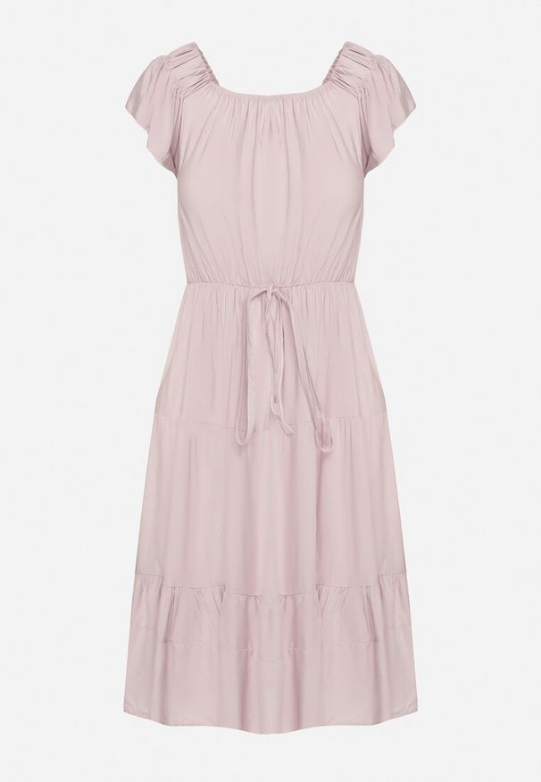 Born2be - Różowa Rozkloszowana Sukienka w Hiszpańskim Stylu z Gumką w Pasie Yemvia. Okazja: na co dzień. Typ kołnierza: dekolt hiszpanka. Kolor: różowy. Materiał: bawełna, jeans, materiał, wiskoza. Sezon: lato. Typ sukienki: proste. Styl: casual, elegancki