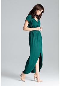 Lenitif - Długa asymetryczna sukienka na gumce kopertowy dekolt zielona. Typ kołnierza: dekolt kopertowy. Kolor: zielony. Typ sukienki: asymetryczne, kopertowe. Długość: maxi #5