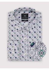 Pako Lorente - PAKO LORENTE – Męska koszula w kolorze białym w granatowo-zielony wzór. Typ kołnierza: kołnierzyk klasyczny. Kolor: zielony, biały, niebieski, wielokolorowy. Materiał: bawełna, elastan. Długość rękawa: długi rękaw. Długość: długie. Styl: klasyczny #1