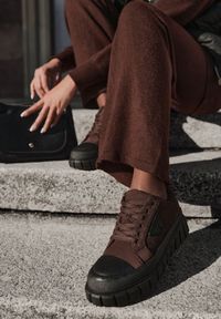 Born2be - Brązowe Sneakersy Vices na Grubej Podeszwie z Geometryczną Aplikacją Leanae. Kolor: brązowy. Materiał: jeans. Wzór: geometria, aplikacja