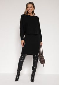 Born2be - Czarny Dzianinowy Komplet Prążkowany Sukienka i Sweter o Kroju Nietoperz Wederela. Kolor: czarny. Materiał: dzianina, prążkowany #4