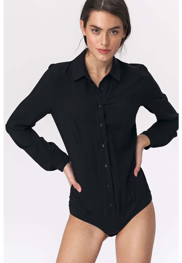 Nife - Czarne Stylowe Koszulowe Body. Kolor: czarny. Materiał: wiskoza. Styl: elegancki