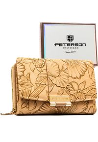 Elegancki portfel damski ze skóry ekologicznej w beżowym kolorze ze wzorem w kwiaty - Peterson. Kolor: beżowy. Materiał: skóra ekologiczna. Wzór: kwiaty #1