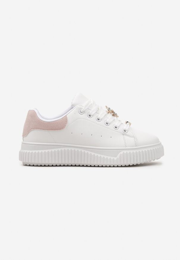 Born2be - Biało-Różowe Sneakersy na Grubej Podeszwie ze Wstawką z Ekozamszu i Aplikacją Metalowego Misia Mirnella. Okazja: na co dzień. Nosek buta: okrągły. Zapięcie: sznurówki. Kolor: biały. Materiał: jeans, materiał. Wzór: aplikacja. Obcas: na obcasie. Wysokość obcasa: niski