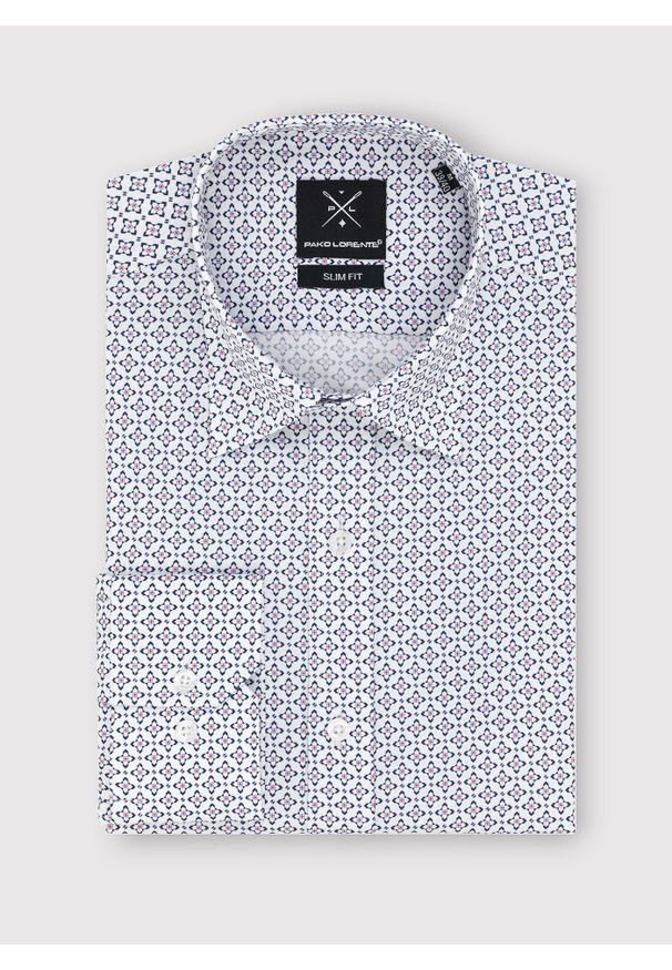 Pako Lorente - PAKO LORENTE – Biała koszula w niebieski mikrowzór. Kolor: niebieski, wielokolorowy, biały. Materiał: bawełna, elastan. Długość rękawa: długi rękaw. Długość: długie