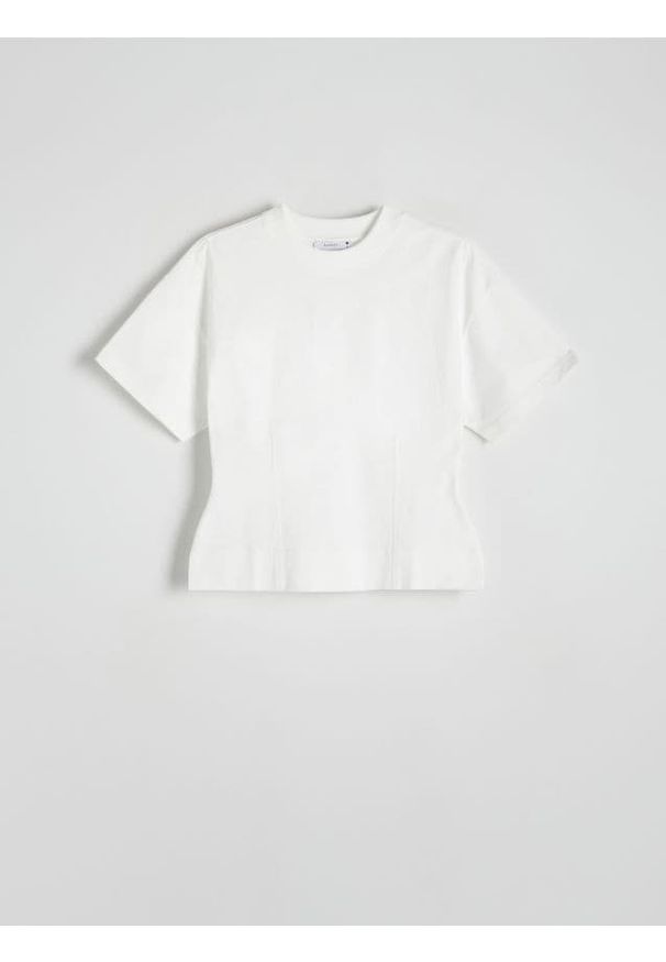 Reserved - Taliowany t-shirt - biały. Kolor: biały. Materiał: dzianina, bawełna