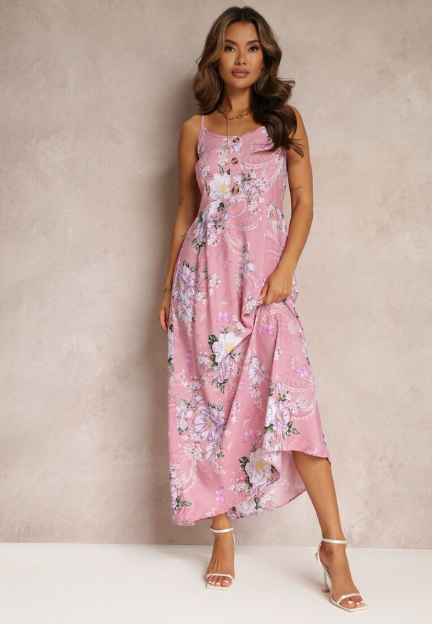 Renee - Różowa Sukienka w Kwiaty na Ramiączkach Lydienne. Kolor: różowy. Materiał: tkanina. Długość rękawa: na ramiączkach. Wzór: kwiaty