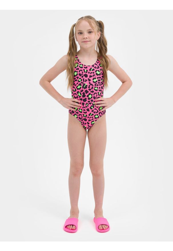 4f - Kostium kąpielowy jednoczęściowy dziewczęcy. Kolor: wielokolorowy. Materiał: dzianina, materiał. Wzór: kolorowy, nadruk