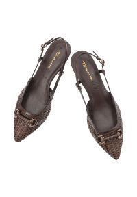 Czółenka damskie Tamaris, szpiczasty nosek odkryta pięta regulowany pasek stabilny obcas pleciona faktura ozdobny detal elegancki charakter, brązowe,. Nosek buta: szpiczasty. Zapięcie: pasek. Kolor: brązowy. Obcas: na obcasie. Styl: elegancki. Wysokość obcasa: średni #7