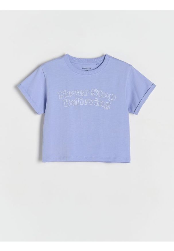 Reserved - Bawełniany t-shirt z nadrukiem - jasnoniebieski. Kolor: niebieski. Materiał: bawełna. Wzór: nadruk