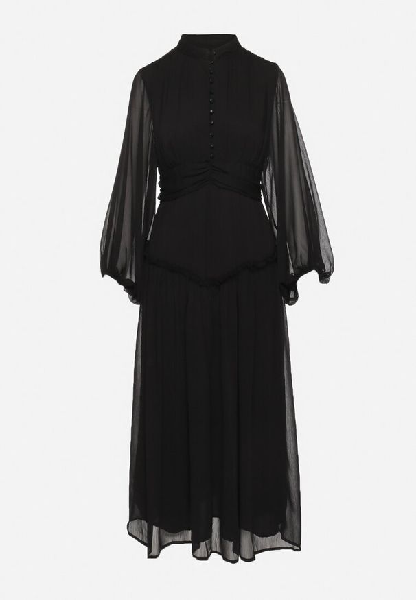 Born2be - Czarna Długa Sukienka Koktajlowa w Stylu Retro z Plisami i Stójką Leowia. Typ kołnierza: kołnierzyk stójkowy. Kolor: czarny. Styl: wizytowy, retro. Długość: maxi