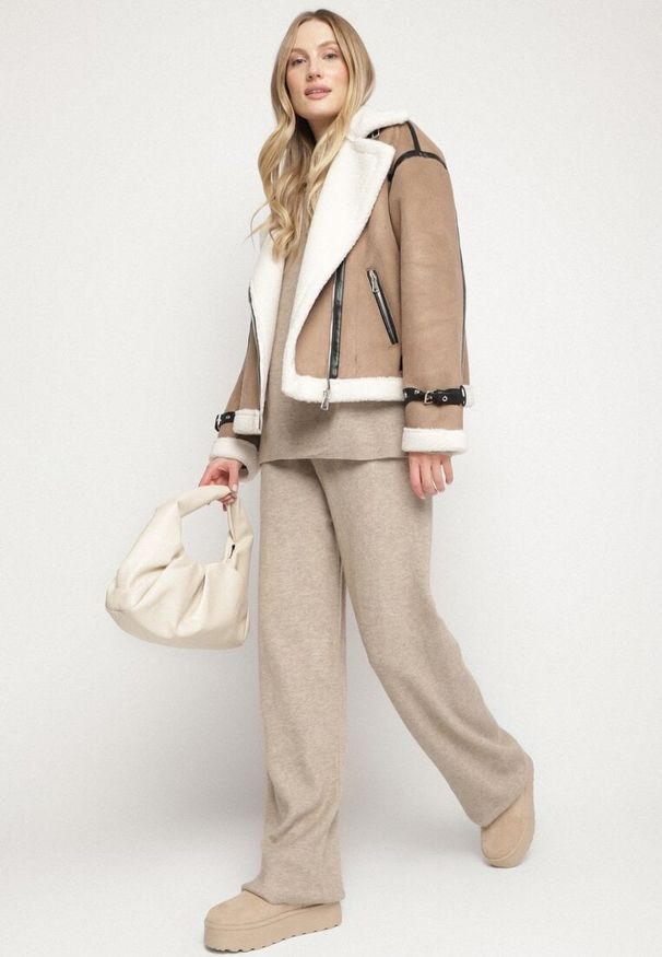 Born2be - Beżowy Dzianinowy Komplet z Wełną Spodnie i Sweter Tesira. Kolor: beżowy. Materiał: dzianina, wełna