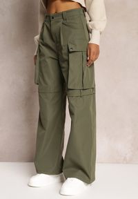 Renee - Zielone Szerokie Spodnie High Waist w Stylu Cargo Vomisal. Stan: podwyższony. Kolor: zielony. Materiał: tkanina. Sezon: zima #4