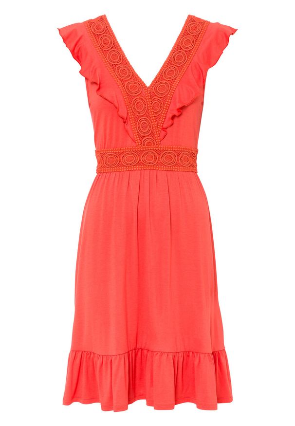 Sukienka z koronką bonprix pomarańczowo-czerwony. Kolor: pomarańczowy. Materiał: koronka. Wzór: koronka