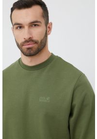 Jack Wolfskin bluza bawełniana męska kolor zielony gładka. Okazja: na co dzień. Kolor: zielony. Materiał: bawełna. Wzór: gładki. Styl: casual
