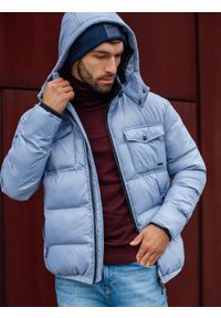 Ombre Clothing - Kurtka męska zimowa z kapturem - błękitna V8 C518 - XXL. Okazja: na co dzień. Typ kołnierza: kaptur. Kolor: niebieski. Materiał: poliester, nylon. Sezon: zima. Styl: casual #8