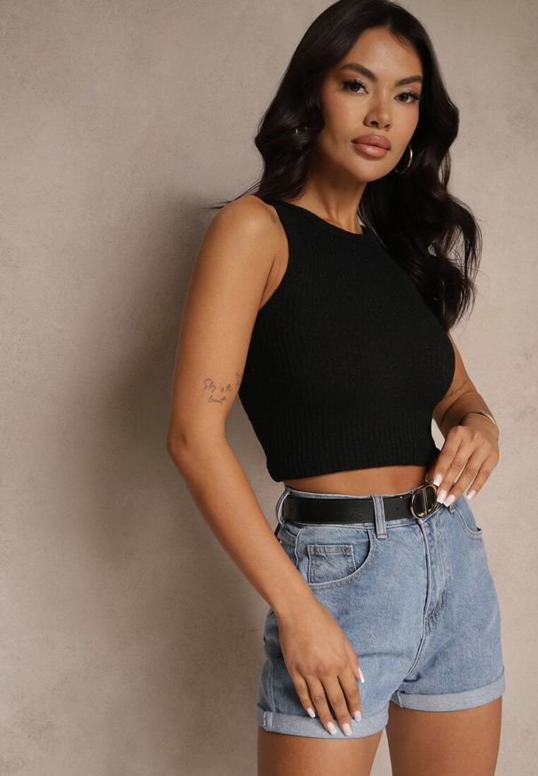 Renee - Czarny Prążkowany Basicowy Top Donellin. Kolor: czarny. Materiał: prążkowany. Styl: klasyczny