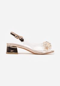 Renee - Szampańskie Przezroczyste Sandały VICES na Słupku Ozdobione Cyrkoniami Sarlisa. Zapięcie: sprzączka. Kolor: złoty. Materiał: satyna. Wzór: aplikacja. Obcas: na słupku #7
