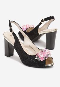 Born2be - Czarno-Złote Sandały na Słupku z Wkładką ze Skóry Naturalnej Piatdale. Zapięcie: pasek. Kolor: czarny. Materiał: skóra. Wzór: aplikacja. Obcas: na słupku. Styl: elegancki. Wysokość obcasa: średni #2