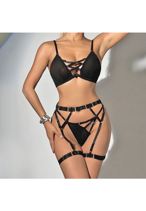 Intica - Komplet bielizny harness z elastycznymi paskami na romantyczny wieczór Hemlata. Kolor: różowy. Materiał: materiał