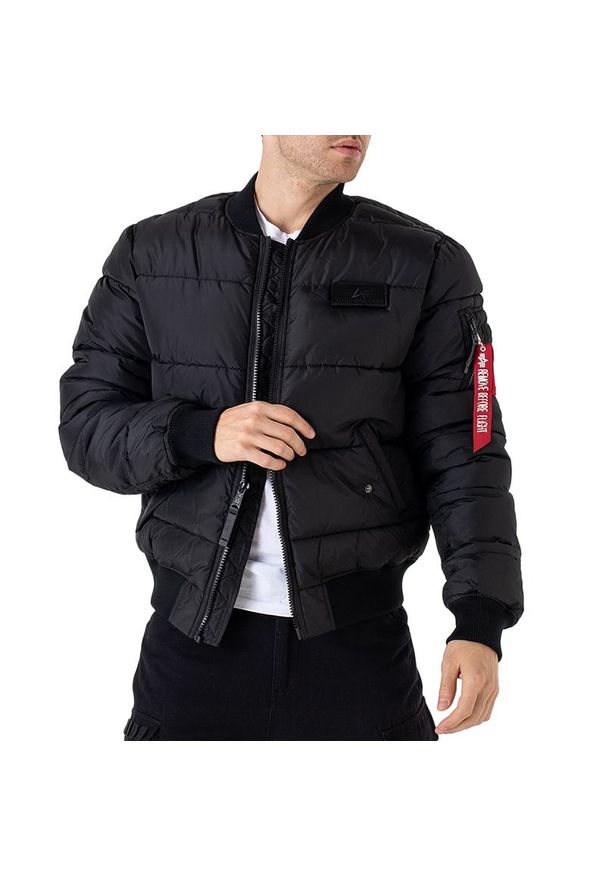 Kurtka Alpha Industries MA-1 Puffer Bomber 13811603 - czarna. Kolor: czarny. Materiał: poliester, materiał, syntetyk, nylon, puch. Wzór: aplikacja. Styl: klasyczny