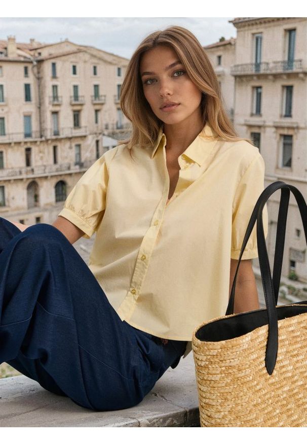 Sinsay - Koszulowa bluzka z bufiastym rękawem - żółty. Kolor: żółty