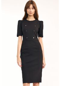 Nife - Elegancka sukienka ołówkowa z guzikami dopasowana midi czarna. Okazja: do pracy. Kolor: czarny. Typ sukienki: ołówkowe. Styl: elegancki. Długość: midi #1