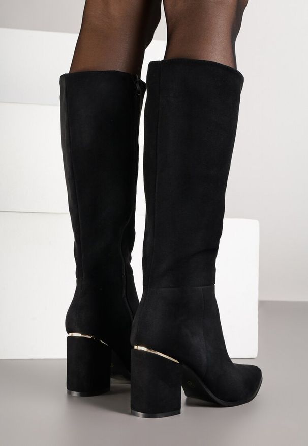 Born2be - Czarne Kozaki na Słupku z Metaliczną Wstawką Minendia. Kolor: czarny. Obcas: na słupku