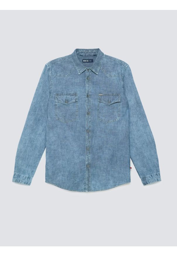 Big-Star - Koszula męska z imitacji jeansu niebieska Retinez 401. Okazja: na co dzień. Kolor: niebieski. Materiał: jeans. Wzór: melanż. Styl: casual
