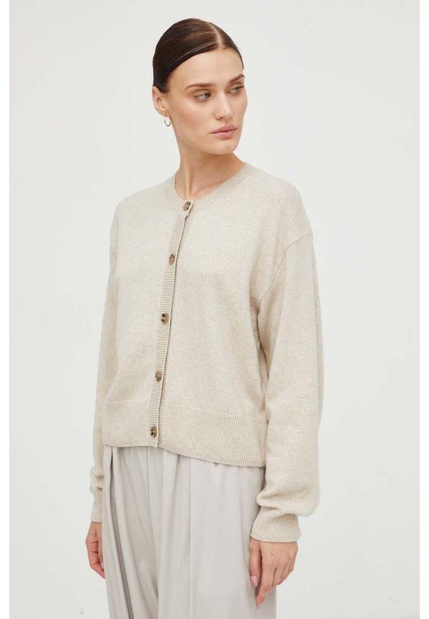 Marc O'Polo kardigan wełniany kolor beżowy lekki. Typ kołnierza: polo. Kolor: beżowy. Materiał: wełna
