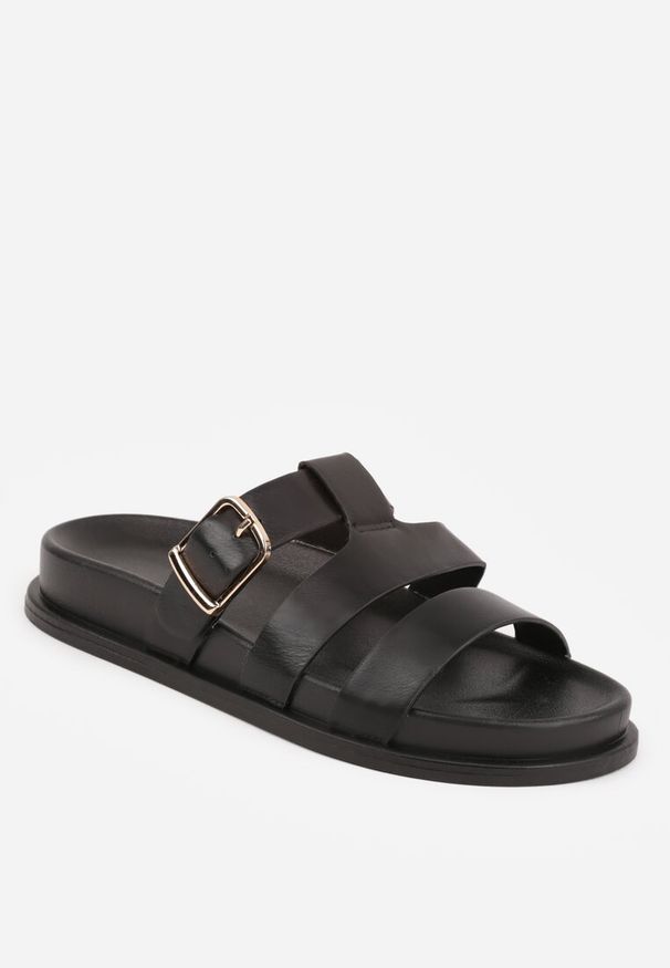 Renee - Czarne Płaskie Klapki z Paskiem ze Sprzączką Tameren. Nosek buta: otwarty. Kolor: czarny. Materiał: guma, skóra. Wzór: aplikacja. Sezon: lato. Obcas: na obcasie. Wysokość obcasa: niski