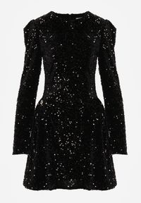 Born2be - Czarna Cekinowa Sukienka Koktajlowa z Geometrycznymi Ramionami Reffera. Okazja: na imprezę. Kolor: czarny. Długość rękawa: długi rękaw. Wzór: geometria. Typ sukienki: rozkloszowane. Styl: wizytowy #4