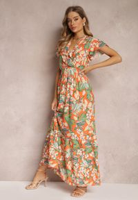 Renee - Pomarańczowa Sukienka z Wiskozy Maxi w Kwiaty Mahiza. Typ kołnierza: dekolt kopertowy. Kolor: pomarańczowy. Materiał: wiskoza. Długość rękawa: krótki rękaw. Wzór: kwiaty. Typ sukienki: kopertowe. Długość: maxi #5