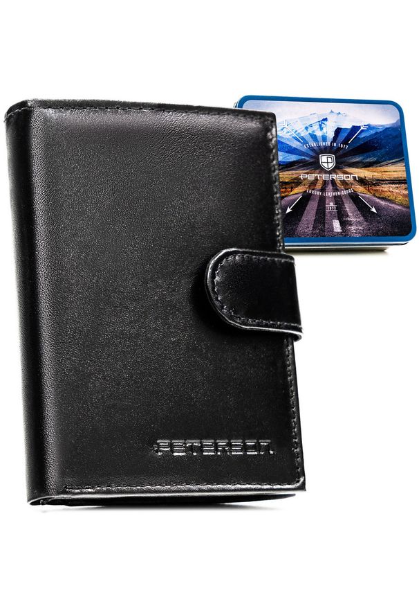 Elegancki portfel męski ze skóry naturalnej w czarnym kolorze zamykany zatrzaskiem, w zestawie z brelokiem - Peterson. Kolor: czarny. Materiał: skóra