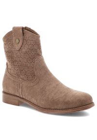 Brązowe Botki S.Barski Eleganckie Obuwie Damskie. Okazja: na co dzień. Kolor: brązowy. Materiał: jeans, materiał. Wzór: ażurowy, aplikacja. Obcas: na obcasie. Styl: elegancki. Wysokość obcasa: niski