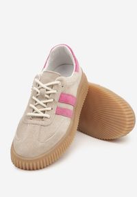 Renee - Beżowo-Fuksjowe Sneakersy Tenisówki z Wkładką ze Skóry Naturalnej Ozdobione Tłoczeniem Meluella. Okazja: na co dzień, na spacer. Kolor: beżowy. Materiał: skóra. Wzór: aplikacja. Sezon: wiosna. Sport: turystyka piesza #6