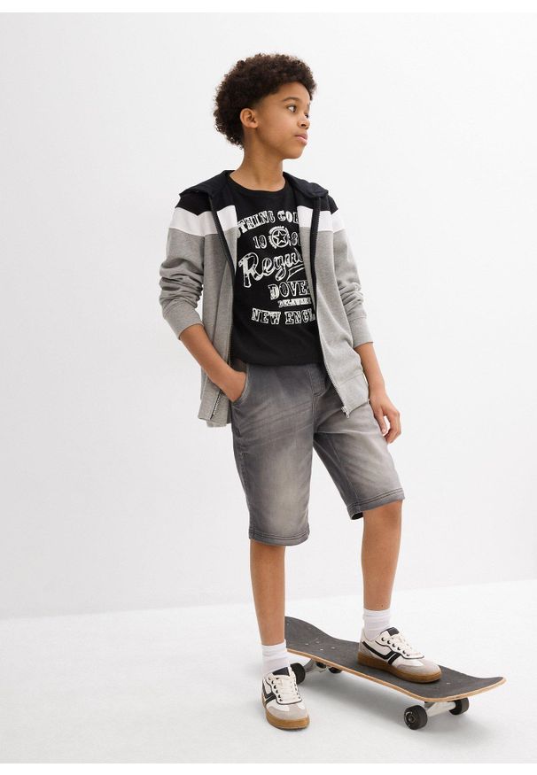 bonprix - Bermudy dżinsowe na gumce o kroju regular fit. Kolor: szary. Materiał: materiał, prążkowany, dresówka, dzianina. Wzór: prążki